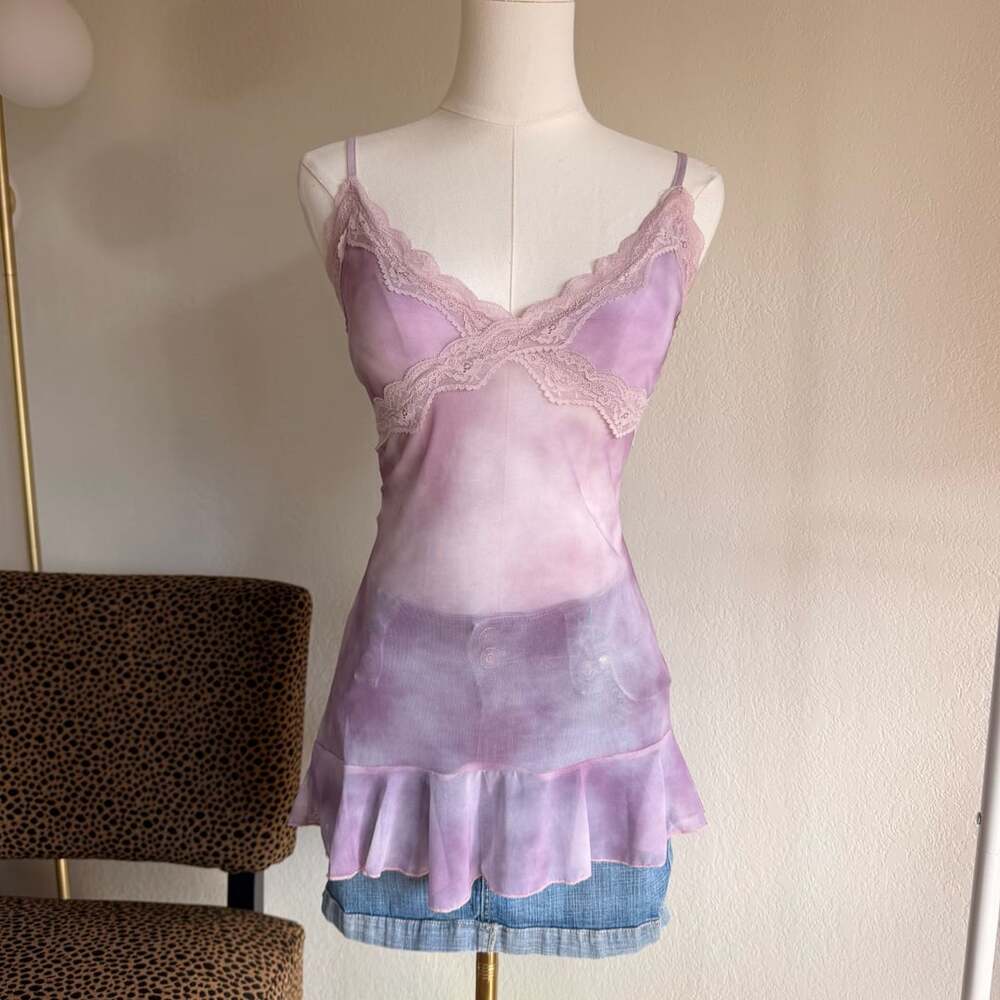 Hesperus Cami Top Size M Purple Pink Tie Dye Lace Ruffle Mesh